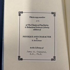 Physique and Character by E. Kretschmer, Special Edition #275, 1990