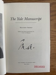 Arnold, Matthew THE YALE MANUSCRIPT Hardback BOOK
