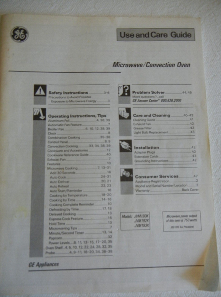 GE Use and Care Guide for Microwave Models JVM190K, JVM 192, JVM193K